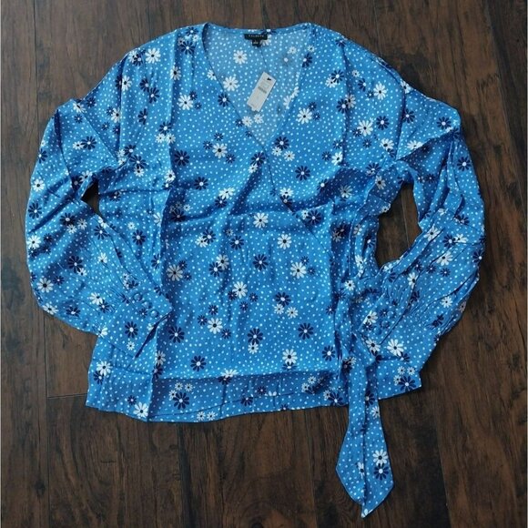 New Talbots Poet Sleeve Blue Daisy Print Wrap Top V Neck Shirt Sz L - Picture 2 of 13